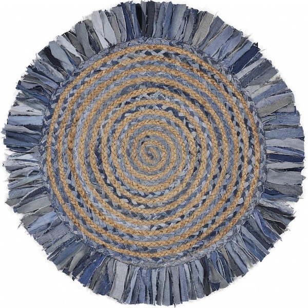 Palacedesigns 42 x 42 in. Denim Blue & Natural Jute Round Swirl Fringed Rug PA3087234 - main